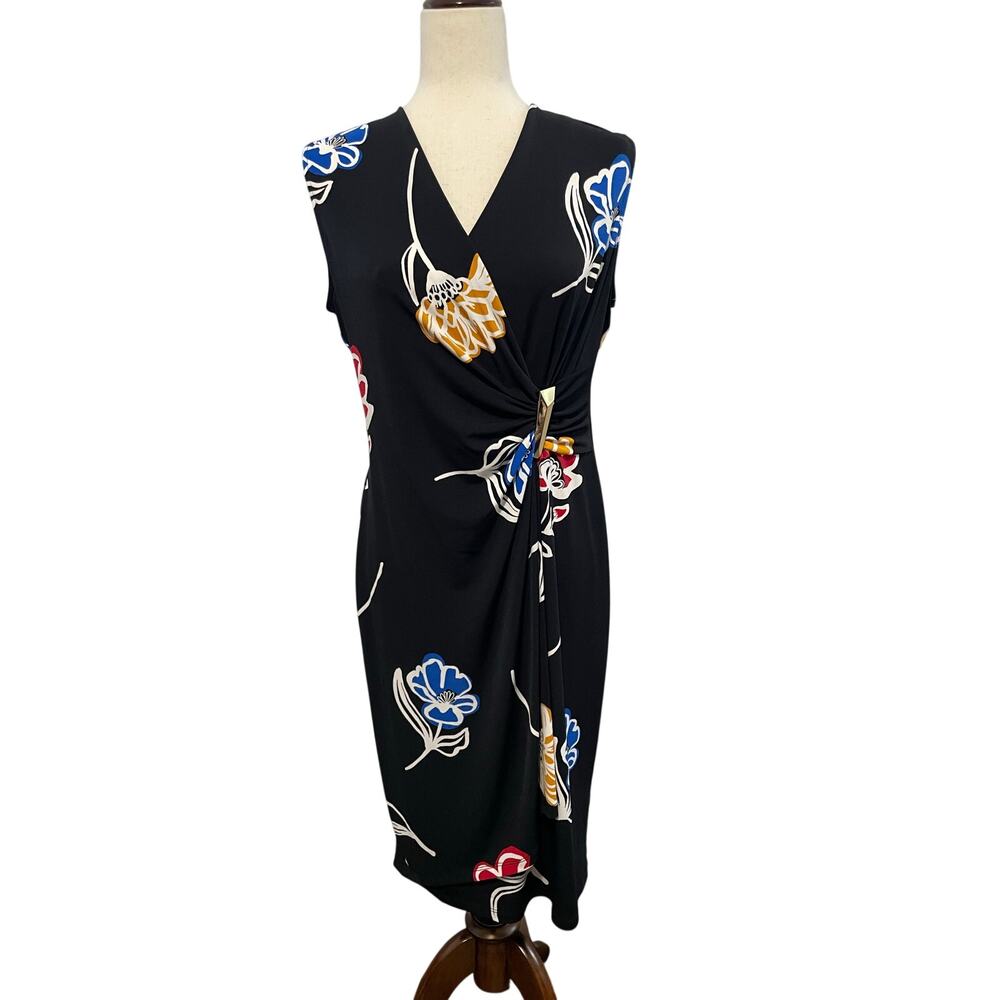 Calvin Klein Floral Faux Wrap Dress NWT Black Sleeveless Gold Hardware Sz 10